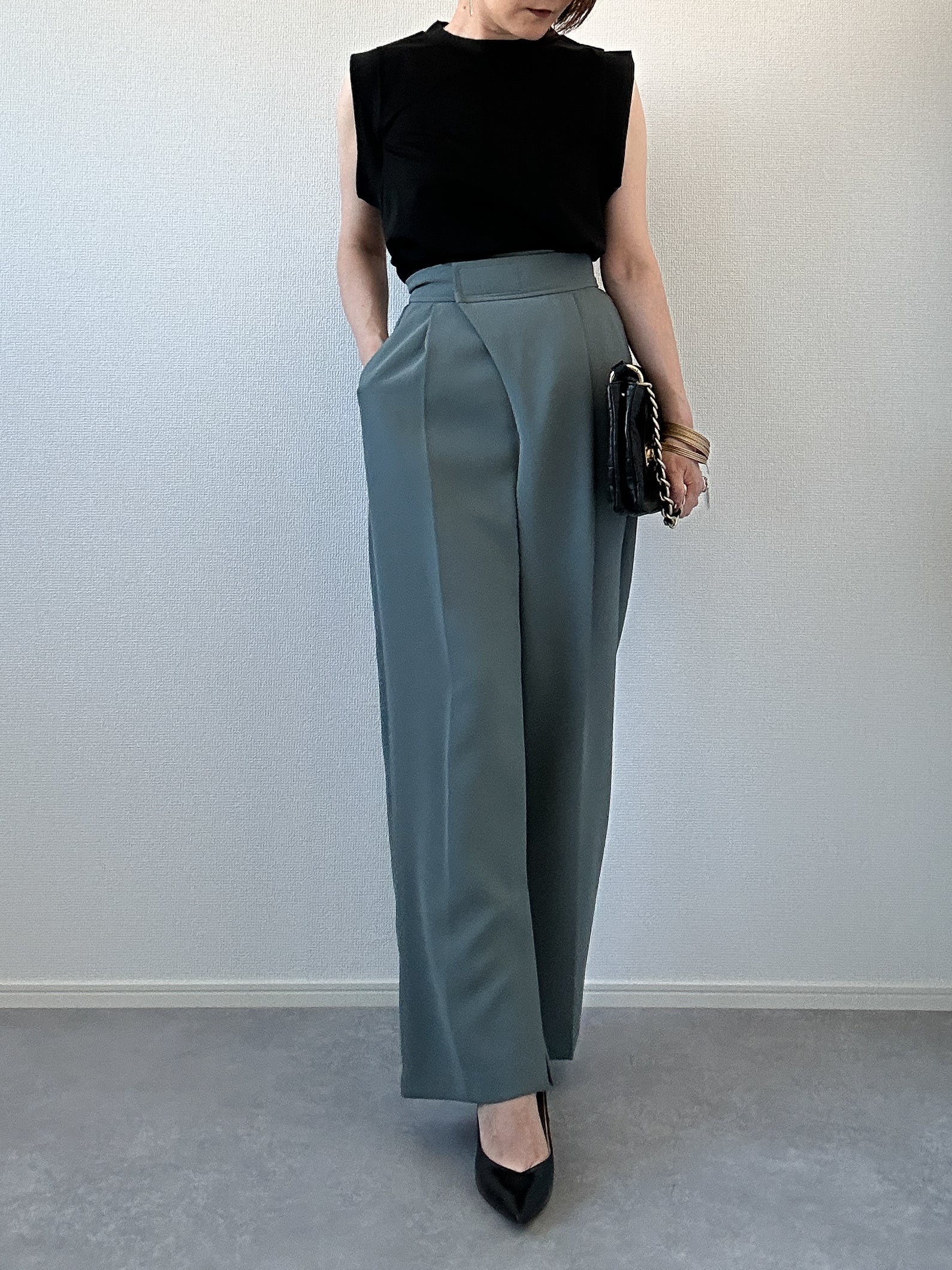 High-Waisted Front Wrap PANTS/ハイウエストフロントラップパンツ Green