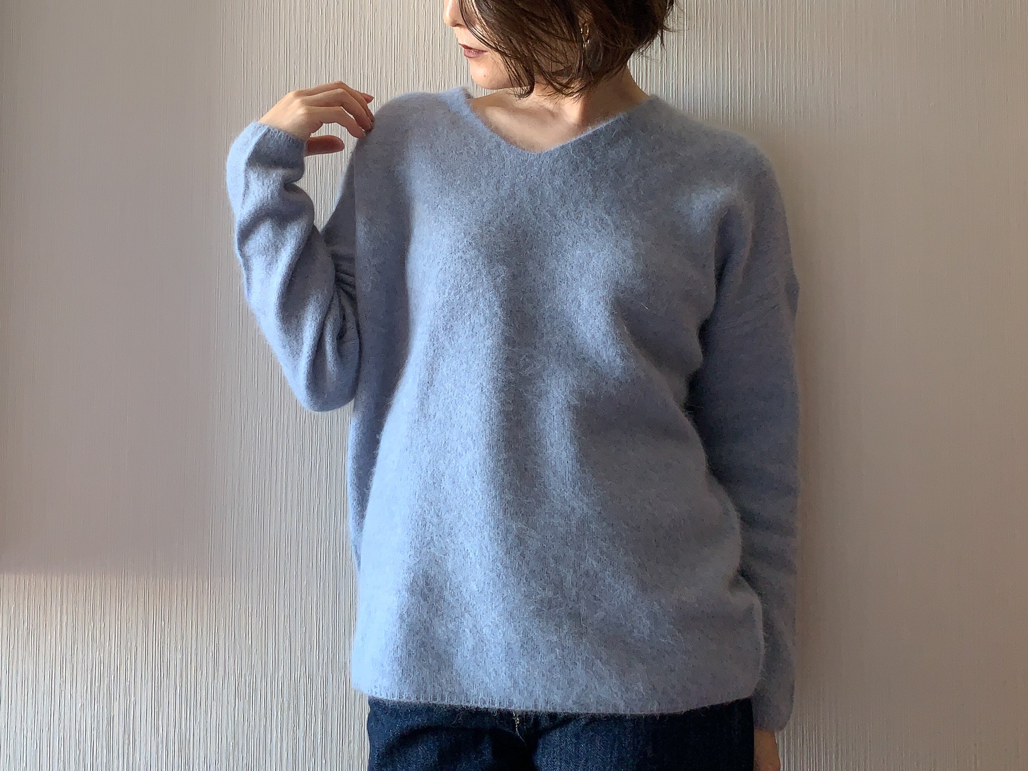 GARMENT DYED RACCOON V NECK KNIT/製品染め ラクーン混Vネックニット