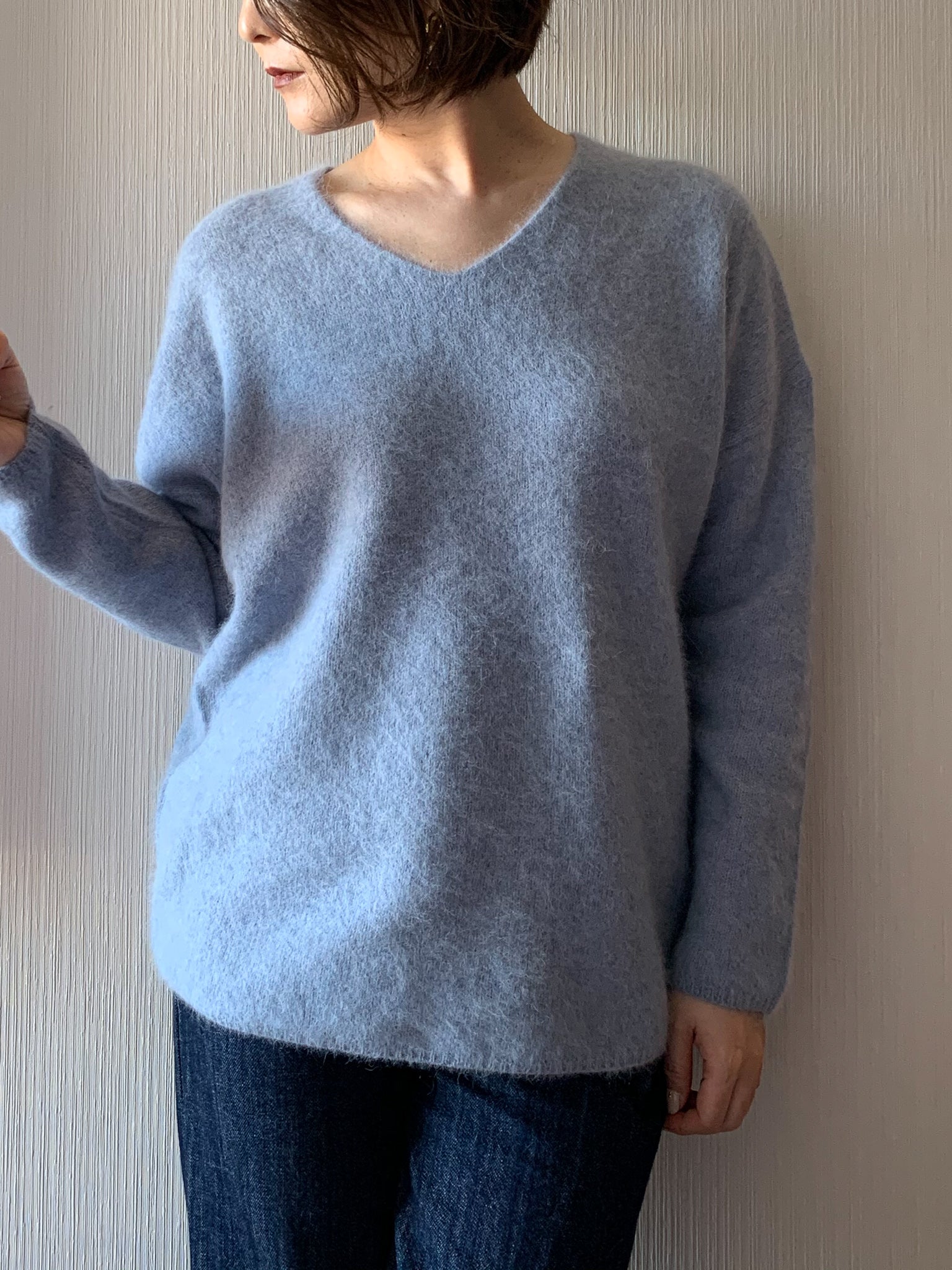 GARMENT DYED RACCOON V NECK KNIT/製品染め ラクーン混Vネックニット